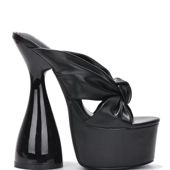 Black Platform Mule Heels with Sculptural Design - Picture 1 of 4